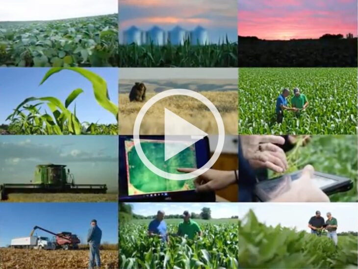Collage of different farming photos with video play button overlaid